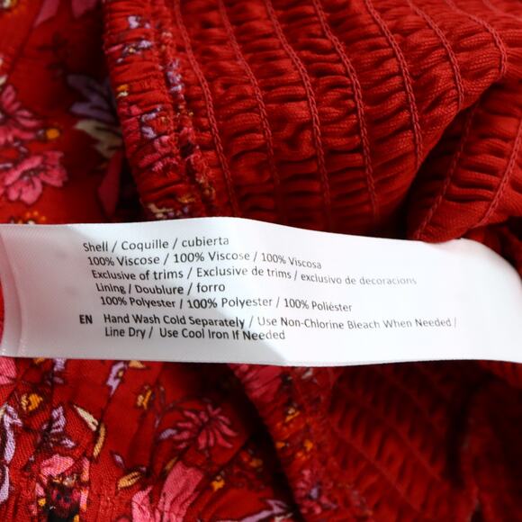 Band Of The Free Ditsy Floral Smocked Crop Top L Red Puff Sleeve Tie Back Boho - Picture 8 of 10